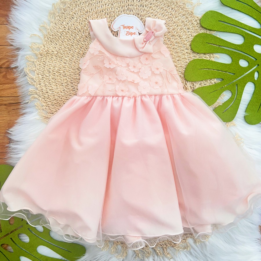 Vestido Flores com Pérolas e Ramos Bordados - Rose